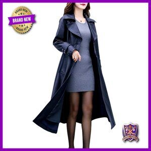 Elegant Fit-Flare Trench Coat Lapel Collar PU Leather Minimal Chic